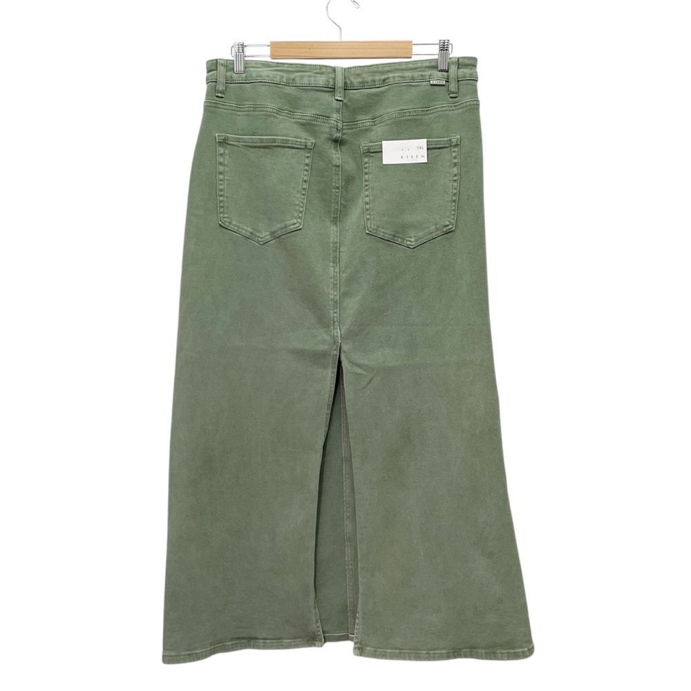 NWT Risen Olive Denim Maxi Skirt Size 1XL High Rise Stretch Midi Long Jean Skirt - Picture 3 of 12